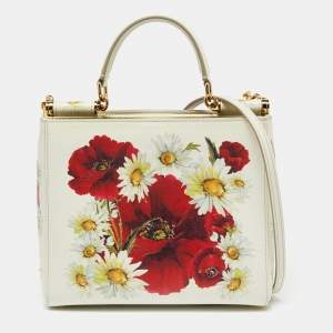 مملوكة مسبقًا Dolce & Gabbana Off White Floral Print Leather Small Miss Sicily Top Handle Bag
