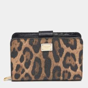 Pre Owned Dolce & Gabbana Brown/Black Leopard Print Coated Canvas Zip Compact Wallet