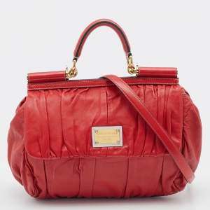 Pre Owned Dolce & Gabbana Red Pleated Leather Large Miss Sicily Top Handle Bag