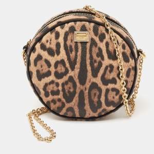 Pre Owned حقيبة كروس دولتشي أند غابانا غلم كانفاس مقوى نقشة فهد بيج / بني مستديرة