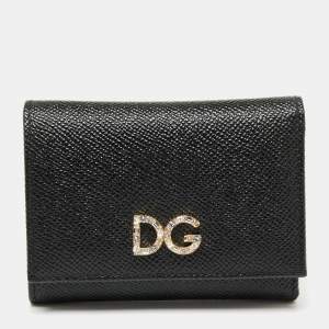 مملوكة مسبقًا Dolce & Gabbana Black Leather DG Crystal Embellished Trifold Wallet