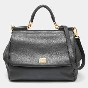 Pre Owned Dolce & Gabbana Grey Leather Large Miss Sicily Top Handle Bag