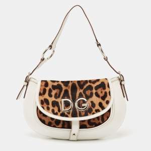 Dolce & Gabbana White/Brown Leopard Print Calf Hair and Leather Hobo