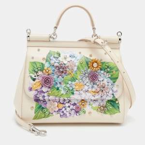 Pre Owned Dolce & Gabbana Beige Leather Medium Miss Sicily Embellished Top Handle Bag