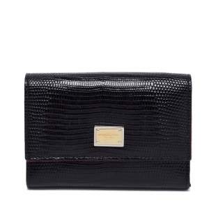 مملوكة مسبقًا Dolce & Gabbana Black Lizard Embossed Leather Trifold Compact Wallet