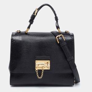 Pre Owned Dolce & Gabbana Black Lizard Embossed Leather Medium Miss Monica Top Handle Bag