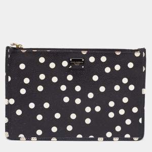 Pre Owned Dolce & Gabbana Black/White Polka Dot Print Leather 10CC Pouch