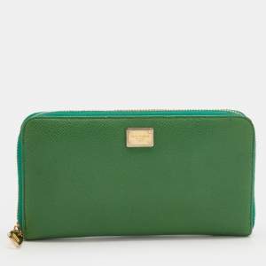 Pre Owned Dolce & Gabbana Green Leather Continental Zip Around Wallet