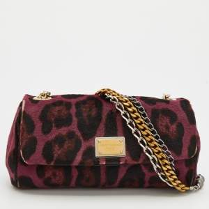 Pre Owned Dolce & Gabbana Burgundy/Black Leopard Print Calfhair and Suede Charles Shoulder Bag