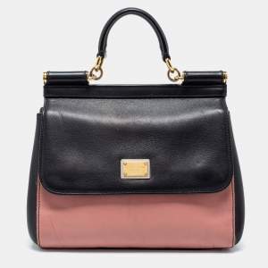 Pre Owned Dolce & Gabbana Black/Pink Leather Medium Miss Sicily Top Handle Bag