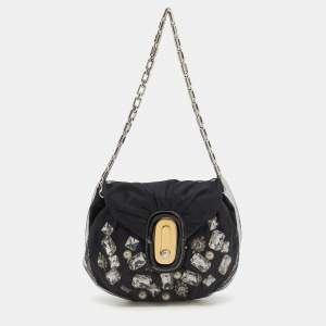 Pre Owned Dolce & Gabbana Black Mesh and Satin Crystal Embellished Shoulder Bag