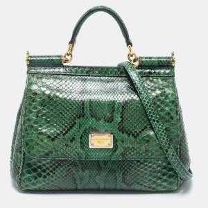 Pre Owned Dolce & Gabbana Green Python Leather Small Miss Sicily Top Handle Bag