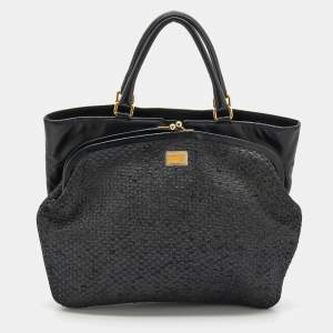 Pre Owned Dolce & Gabbana Black  Woven Raffia and Leather Kiss Lock Tote