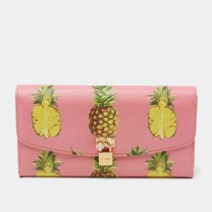 Dolce & Gabbana Pink Pineapple Print Leather Padlock Wallet