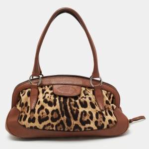 Pre Owned Dolce & Gabbana Brown Leopard Print Canvas and Leather Animalier Zip satchel 