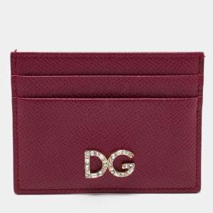 Pre Owned Dolce & Gabbana Burgundy Leather Crystal Embellished Logo Card Holder