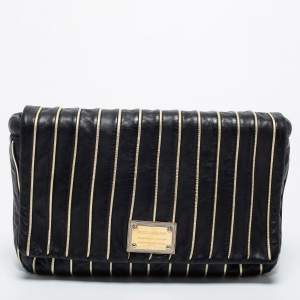 Pre Owned Dolce & Gabbana Black/Gold Striped Leather Large Miss Lexington Flap Clutch
