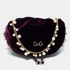 Pre Owned D&G Burgundy Velvet Drawstring Pearl Chain Shoulder Bag