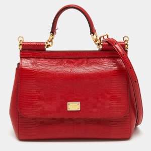 Pre Owned Dolce & Gabbana Red Lizard Embossed Leather Medium Miss Sicily Top Handle Bag