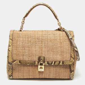 Dolce & Gabbana Beige Raffia and Python Leather Miss Dolce Top Handle Bag