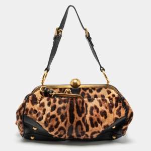 Dolce & Gabbana Black/Brown Leopard Print Calfhair and Leather Frame Satchel