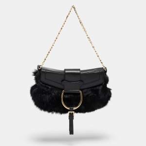 Pre Owned Dolce & Gabbana Black Mink Fur and Leather D Ring Flap Pochette Bag