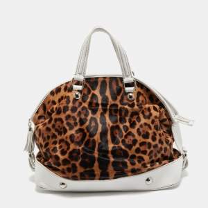 Dolce & Gabbana White/Brown Leopard Print Calfhair and Leather Tassel Bowler Bag