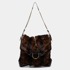 Pre Owned Dolce and Gabbana Brown Leather and Mink Fur D Ring Studded Shoulder Bag