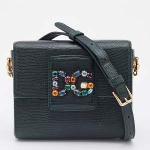Pre Owned Dolce & Gabbana Green Iguana Embossed Leather Mini DG Millennials Crossbody Bag