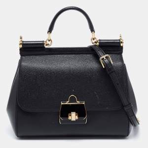 Pre Owned Dolce & Gabbana Black Dauphine Leather Medium Miss Sicily Top Handle Bag