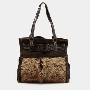 Pre Owned Dolce & Gabbana Brown/Beige Logo Embossed Suede and Calf Hair Tote