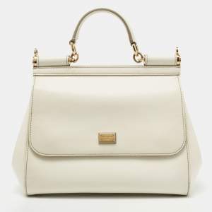 Pre Owned Dolce & Gabbana Off White Leather Medium Miss Sicily Top Handle Bag