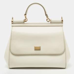 Dolce & Gabbana Off White Leather Medium Miss Sicily Top Handle Bag