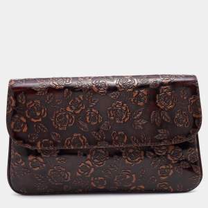 Dolce & Gabbana Dark Brown Floral Embossed Leather Flap Clutch