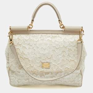 Pre Owned Dolce & Gabbana White/Beige Lace Miss Sicily Top Handle Bag