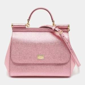 Pre Owned Dolce & Gabbana Metallic Pink Leather Medium Miss Sicily Top Handle Bag