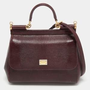 Dolce & Gabbana Burgundy Lizard Embossed Leather Medium Miss Sicily Top Handle Bag