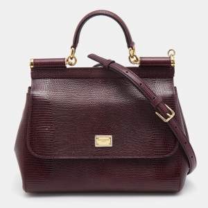 Pre Owned Dolce & Gabbana Burgundy Lizard Embossed Leather Medium Miss Sicily Top Handle Bag