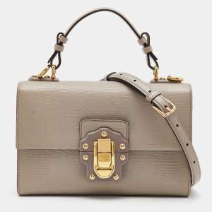 Pre Owned Dolce & Gabbana Grey Lizard Embossed Leather Lucia Top Handle Bag
