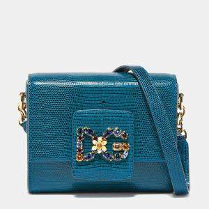 Dolce & Gabbana Blue Iguana Embossed Leather Mini DG Millennials Crossbody Bag