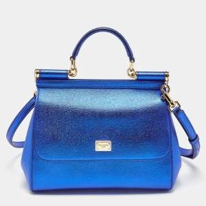 Dolce & Gabbana Metallic Blue Leather Medium Miss Sicily Top Handle Bag