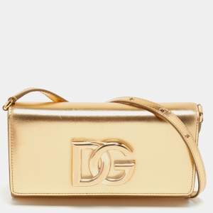 Pre Owned Dolce & Gabbana Gold Leather DG Logo Crossbody Bag