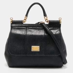 Pre Owned Dolce & Gabbana Black Leather and Watersnake Medium Miss Sicily Top Handle Bag