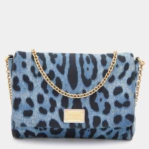 Pre Owned Dolce & Gabbana Blue/Black Leopard Print Denim Chain Shoulder Bag