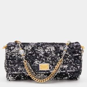 Pre Owned Dolce & Gabbana Black/Silver Sequins Miss Charles Flap Shoulder Bag