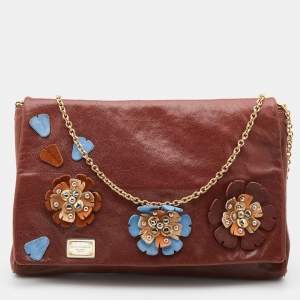 Pre Owned Dolce & Gabbana Brown Leather Studded Flower Flap Shoulder Bag