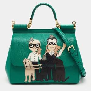 Pre Owned Dolce & Gabbana Green Leather Medium Miss Sicily Family Patchwork Top Handle Bag