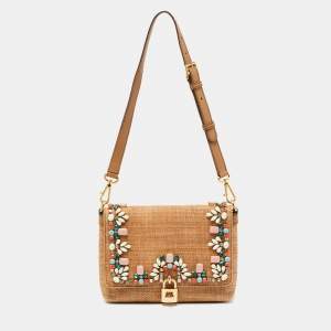 Pre Owned Dolce & Gabbana Brown Raffia and Leather Padlock Crystals Embellished Shoulder Bag