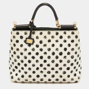 Pre Owned Dolce & Gabbana White/Black Polka Canvas and Leather Sicily Tote