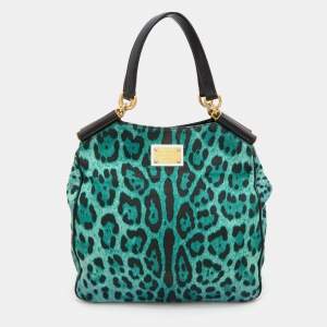 Dolce & Gabbana Green/Black Leopard Print Canvas and Leather Tote